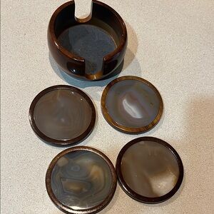 Brown Agate Coaster Set with Holder
